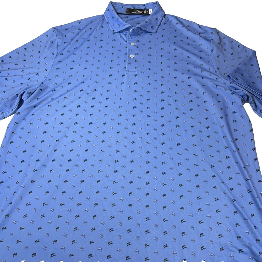 RLX Ralph Lauren XL Polo Shirt Golf Swordfish All Over Print‎ Blue Water Wicking - Picture 3 of 6